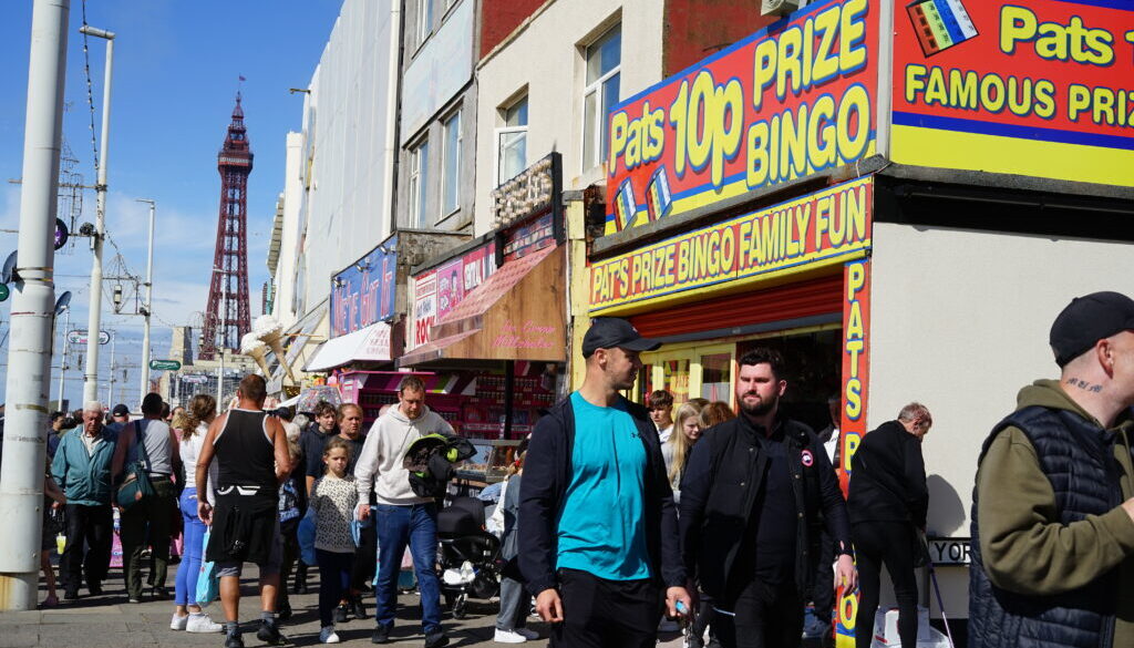 Blackpool's Holden Mile with the tower in the background and Pat's Bingo in the foreground